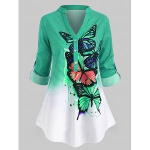 

Plus Size Butterfly Print Roll Up Sleeve Ombre Color Top, Green