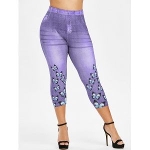 

Plus Size 3D Denim Butterfly Print Capri High Rise Jeggings, Purple