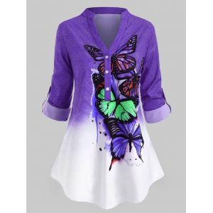 

Plus Size Butterfly Print Roll Up Sleeve Ombre Color Top, Purple