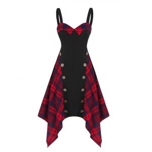 

Plaid Panel Mock Button Asymmetrical Cami Dress, Black