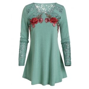 

Lace Panel Flower Embroidery T-shirt, Sea green