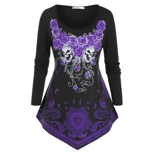 

Plus Size Flower Skull Paisley Bandana Hem Tunic Tee, Black