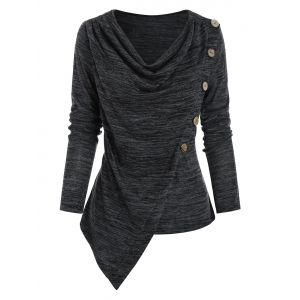 

Oblique Buttons Cowl Neck Irregular Top, Ash gray