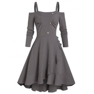 

Button Ruched Knitted Cold Shoulder Dress, Gray