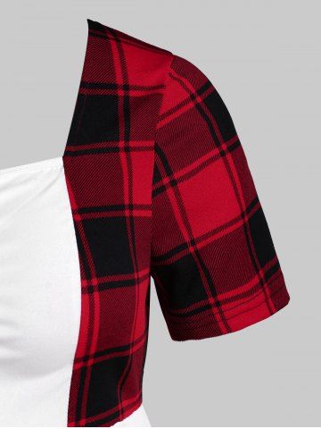 

Plus Size Bowknot Faux Twinset Plaid T Shirt, White