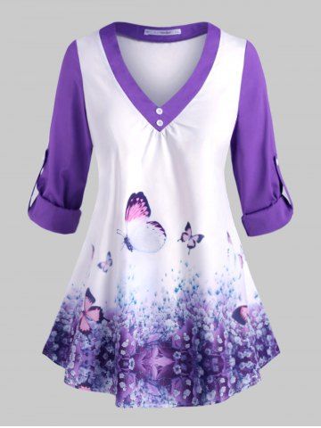 Plus Size Butterfly Print Roll Up Sleeve Top - PURPLE - 1X