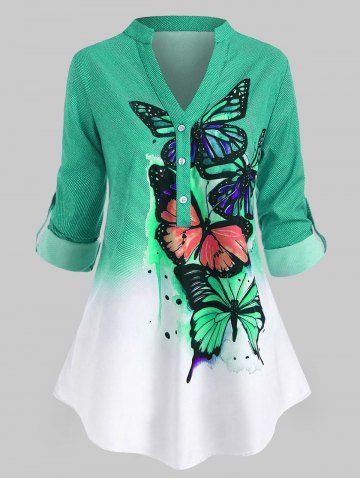 Plus Size Butterfly Print  Roll Up Sleeve Ombre Color Top - GREEN - 1X