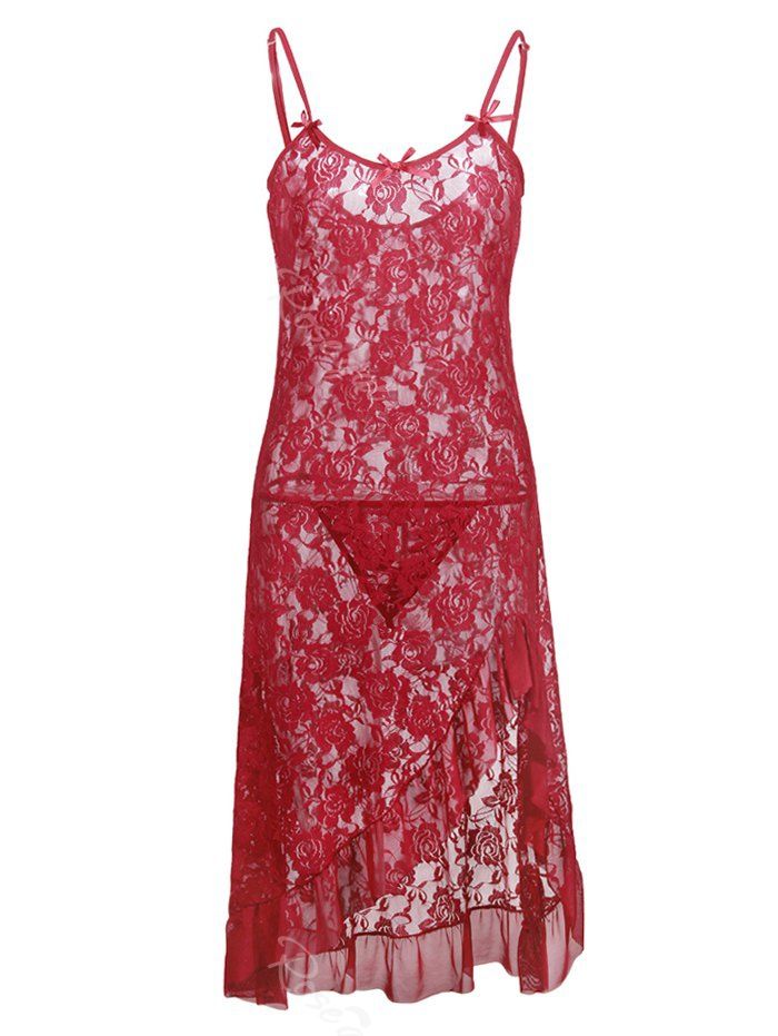 

Plus Size Bowknot See Thru Cami Lingerie Dress with Flounce, Red