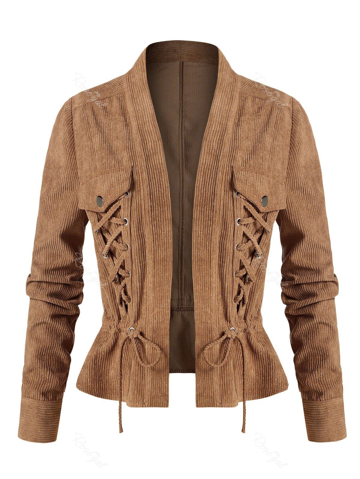 

Plus Size Corduroy Lace-up Peplum Drawstring Jacket, Light khaki