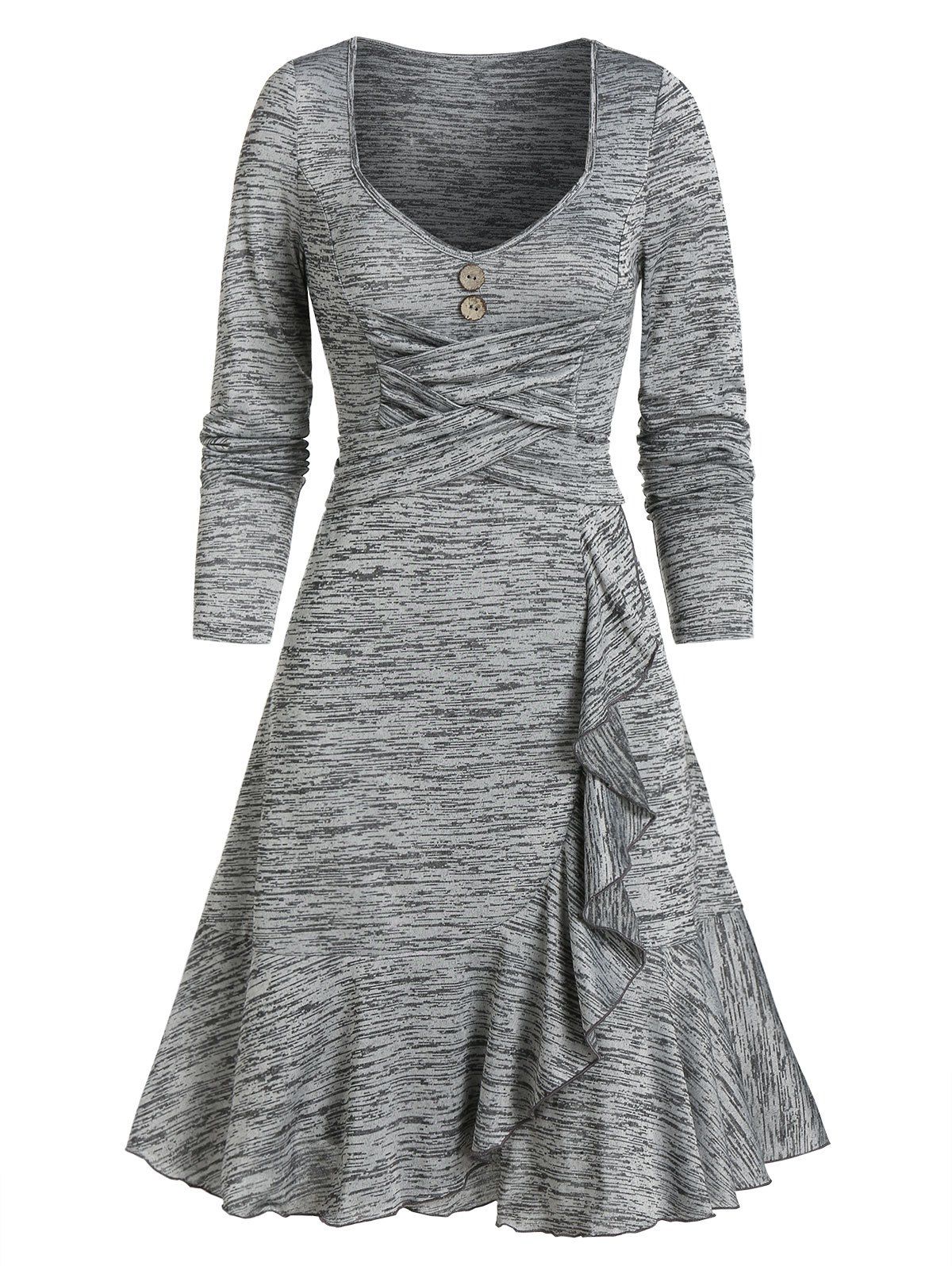 

Space Dye Button Criss-cross Asymmetric Dress, Light gray