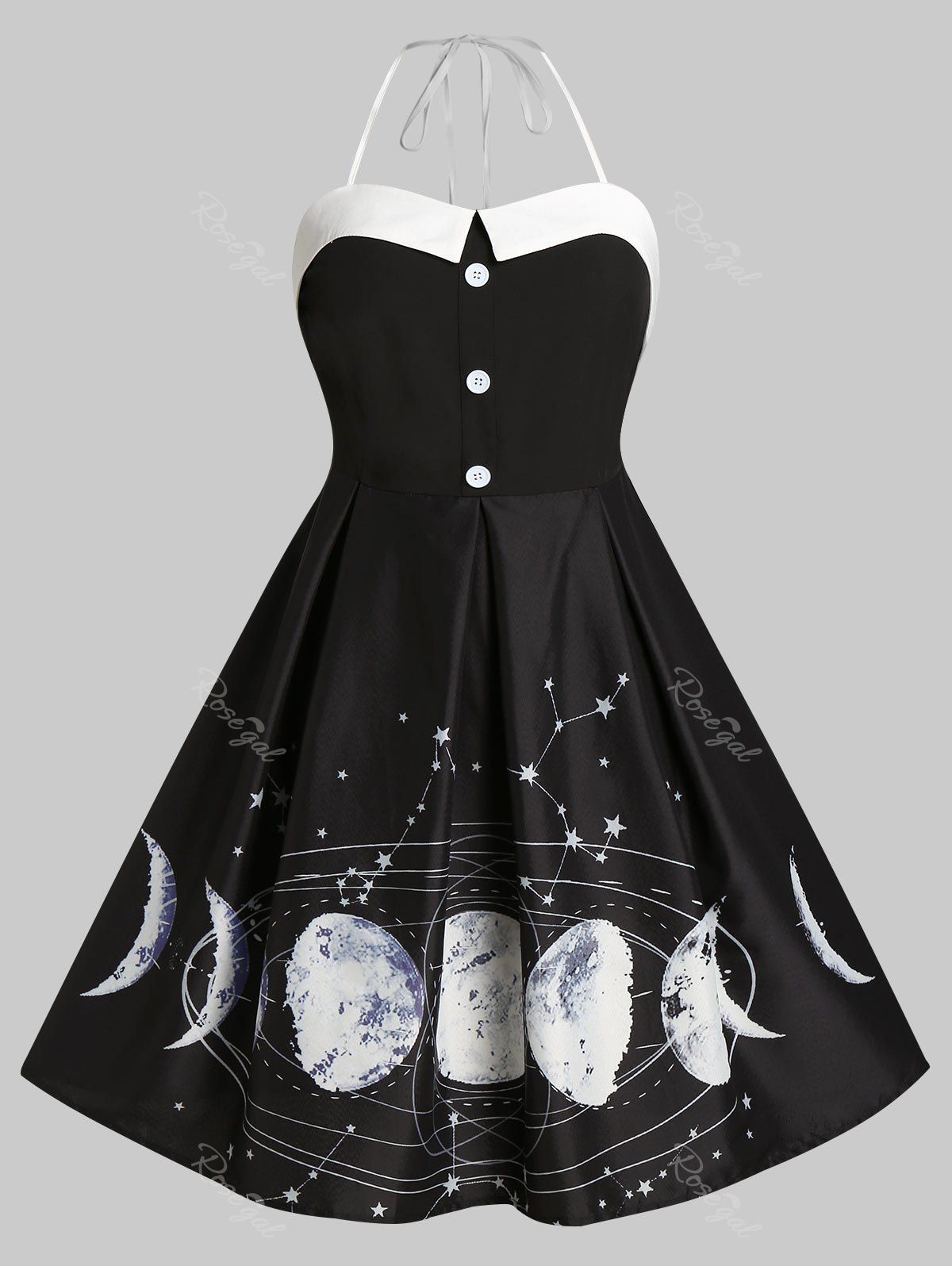 

Plus Size Moon Star Halter Mock Button Vintage Dress, Black