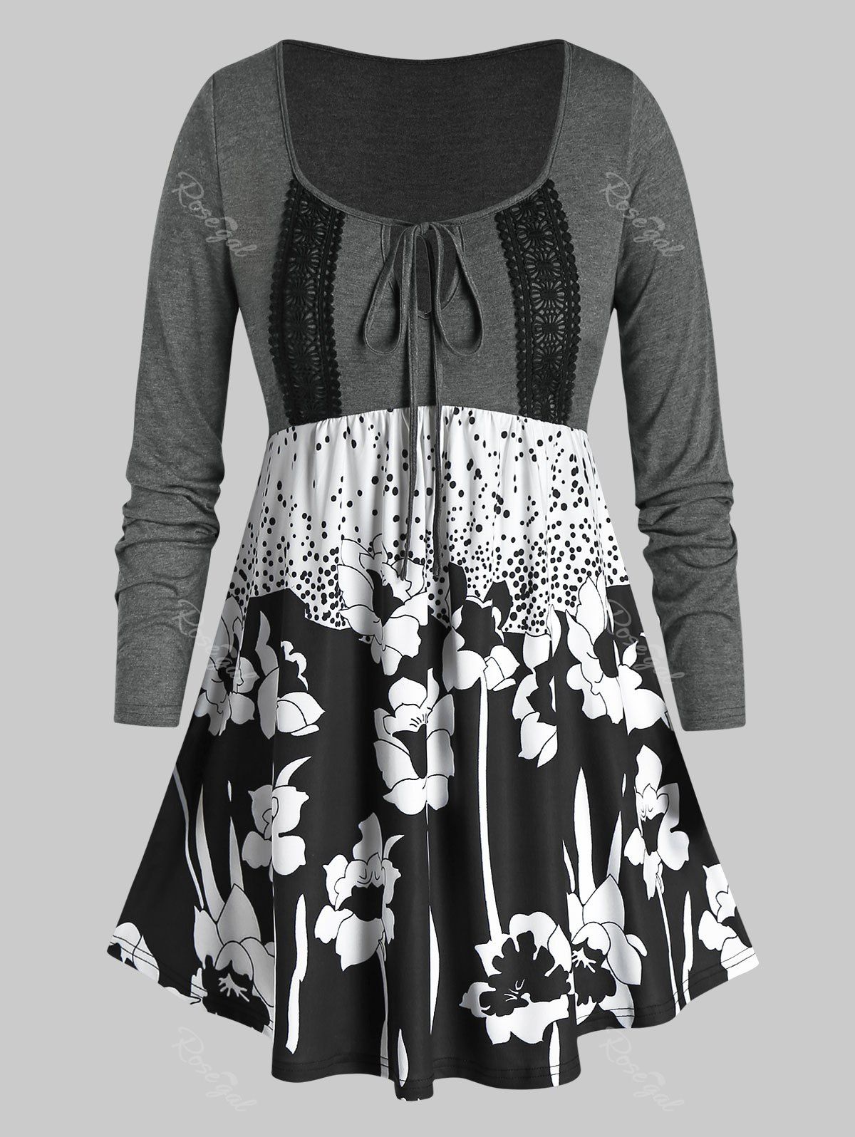 

Plus Size Flower Print Crochet Panel Keyhole Tie Tunic Tee, Carbon gray