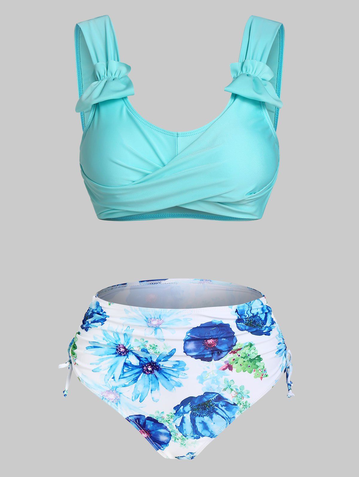 

Flower Print Cinched Padded Bikini Set, Blue