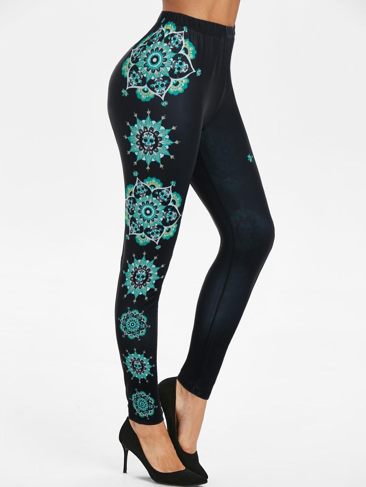 

Skull Flower Print High Waist Pull On Leggings, Black