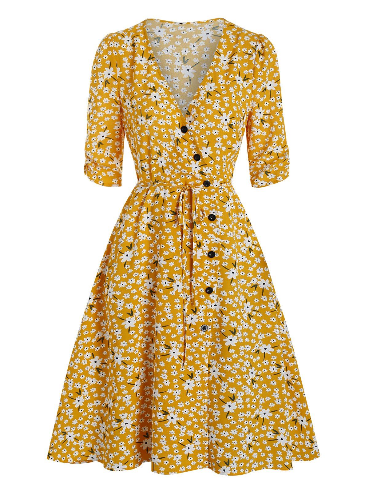 

Mock Button Floral Print Wrap Dress, Golden brown