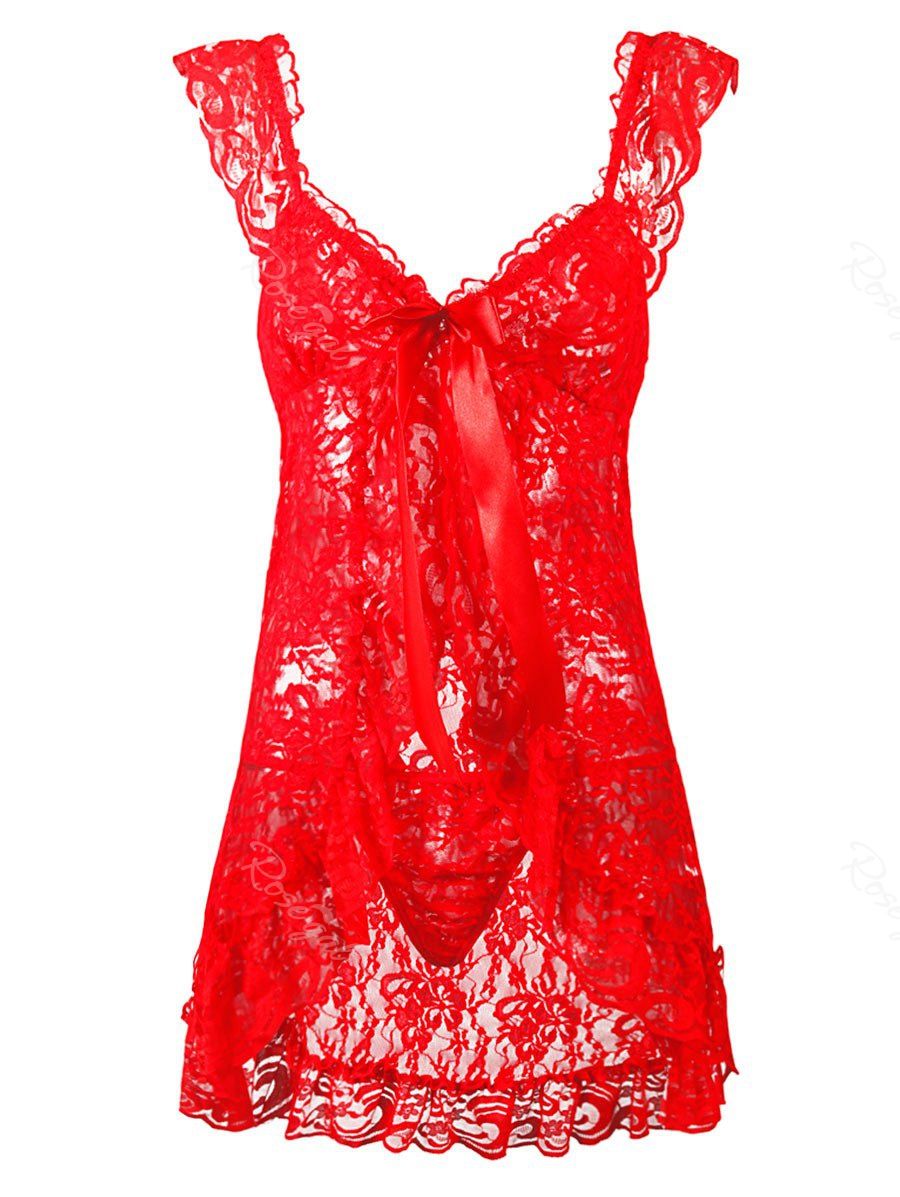 

Ruffles Bowknot Lace Plus Size Lingerie Babydoll, Red