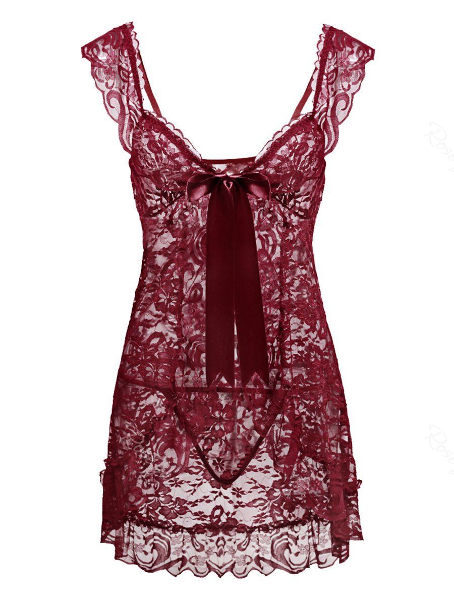 

Ruffles Bowknot Lace Plus Size Lingerie Babydoll, Deep red