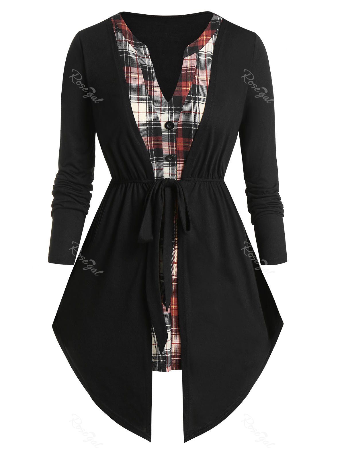 

Plus Size Faux Two Pieces Plaid Drawstring Top, Black
