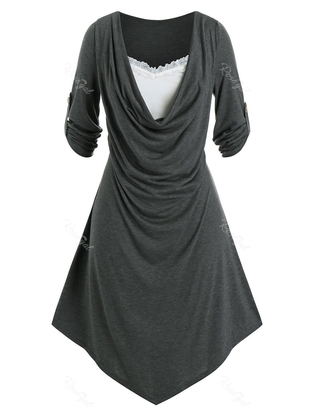 

Plus Size Draped Front Roll Tab Sleeve Uneven Hem Dress, Carbon gray
