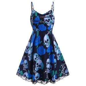 

Chains Lace Trim Rose Skull Halloween Plus Size Dress, Blue