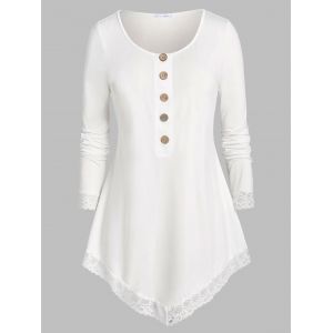 

Plus Size Mock Button Lace Trim T Shirt, White