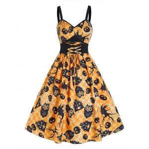 

Halloween Pumpkin Checked Lace Up Cami A Line Dress, Multi a