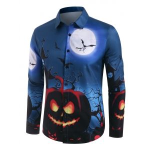 

Halloween Night Pumpkin Bat Print Button Up Shirt, Multi