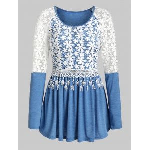 

Embroidery Flower Fringe Pleated Top, Silk blue