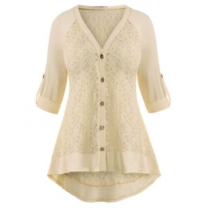 

Raglan Sleeve Lace Panel Button Up Plus Size Top, Light yellow