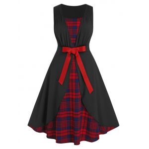 

Plus Size Plaid Bowknot A Line Dress, Black