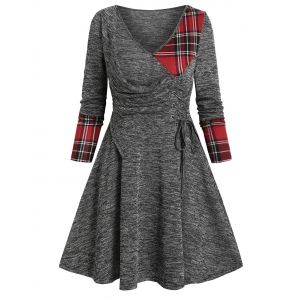 

V Neck Plaid Panel Lace Up Long Sleeve Dress, Gray