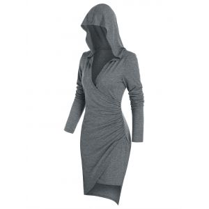 

Long Sleeve Hooded Heathered Surplice Dress, Ash gray