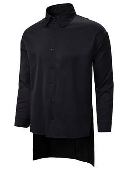 Plain Button Up Side Slit High Low Shirt - BLACK - XL