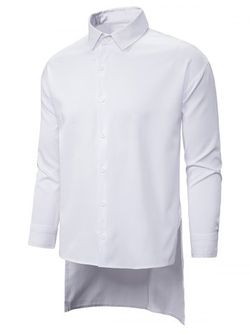 Plain Button Up Side Slit High Low Shirt - WHITE - XL