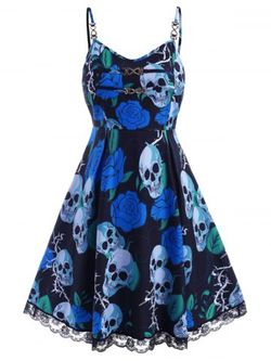 Chains Lace Trim Rose Skull Halloween Plus Size Dress - BLUE - L