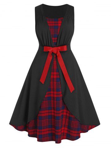 Plus Size Plaid Bowknot A Line Dress - BLACK - L
