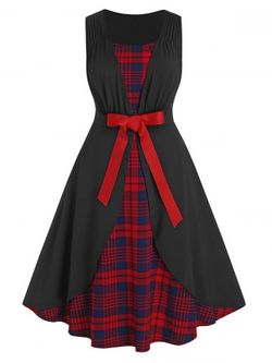 Plus Size Plaid Bowknot A Line Dress - BLACK - 1X