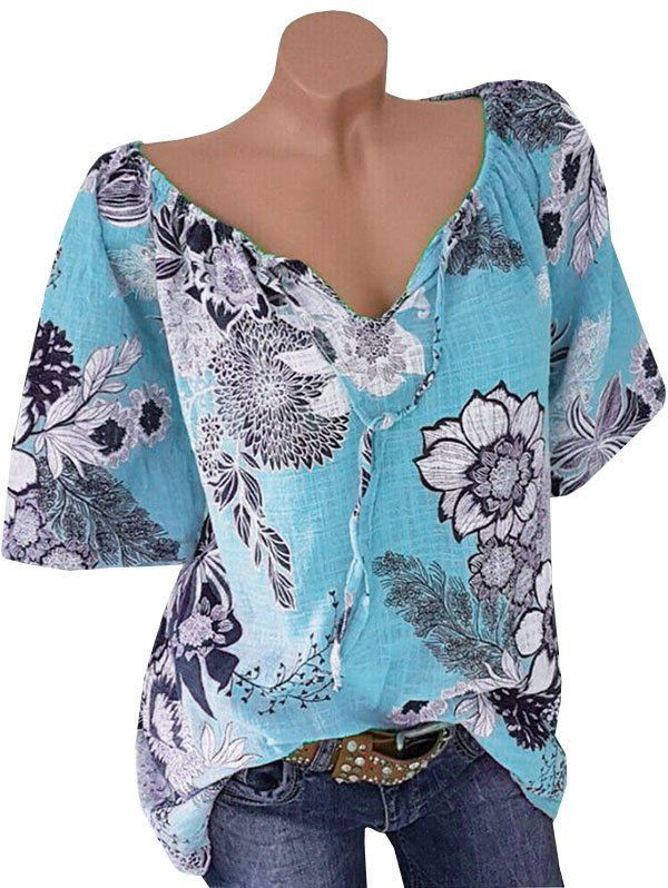 

Plus Size Floral Print Raglan Sleeve Top, Blue