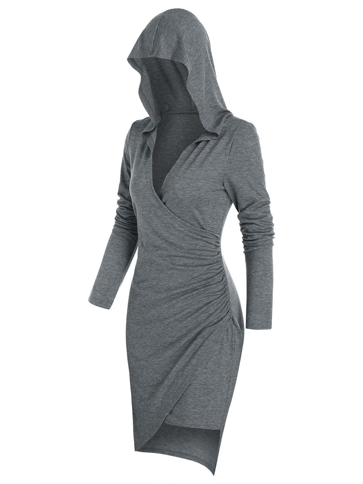 

Long Sleeve Hooded Heathered Surplice Dress, Ash gray