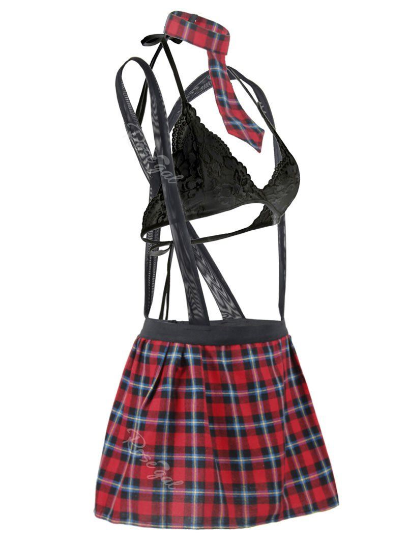 

Plus Size Halter Plaid Suspender Schoolgirl Lingerie Costume, Red