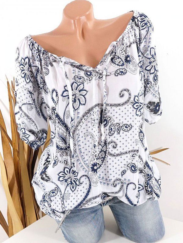 

Plus Size Paisley Floral Print Tied Tops, White
