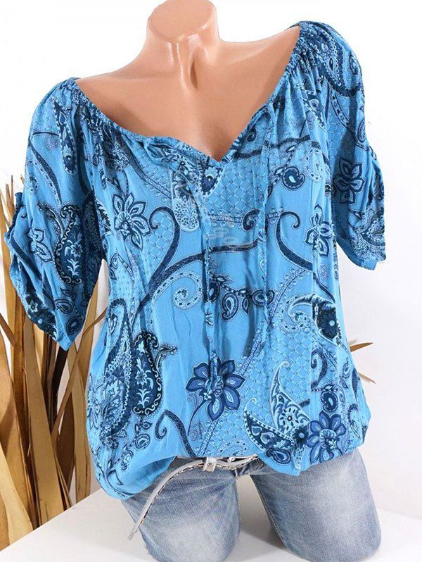 

Plus Size Paisley Floral Print Tied Tops, Blue