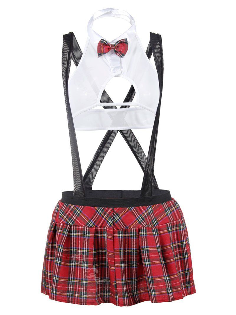 

Plus Size Halter Mesh Plaid Suspender Schoolgirl Lingerie Costume, White