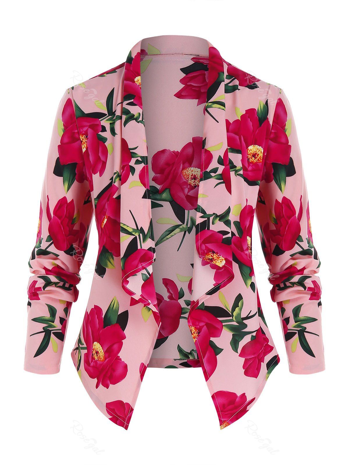 

Plus Size Flower Print Shawl Collar Open Front Top, Pink