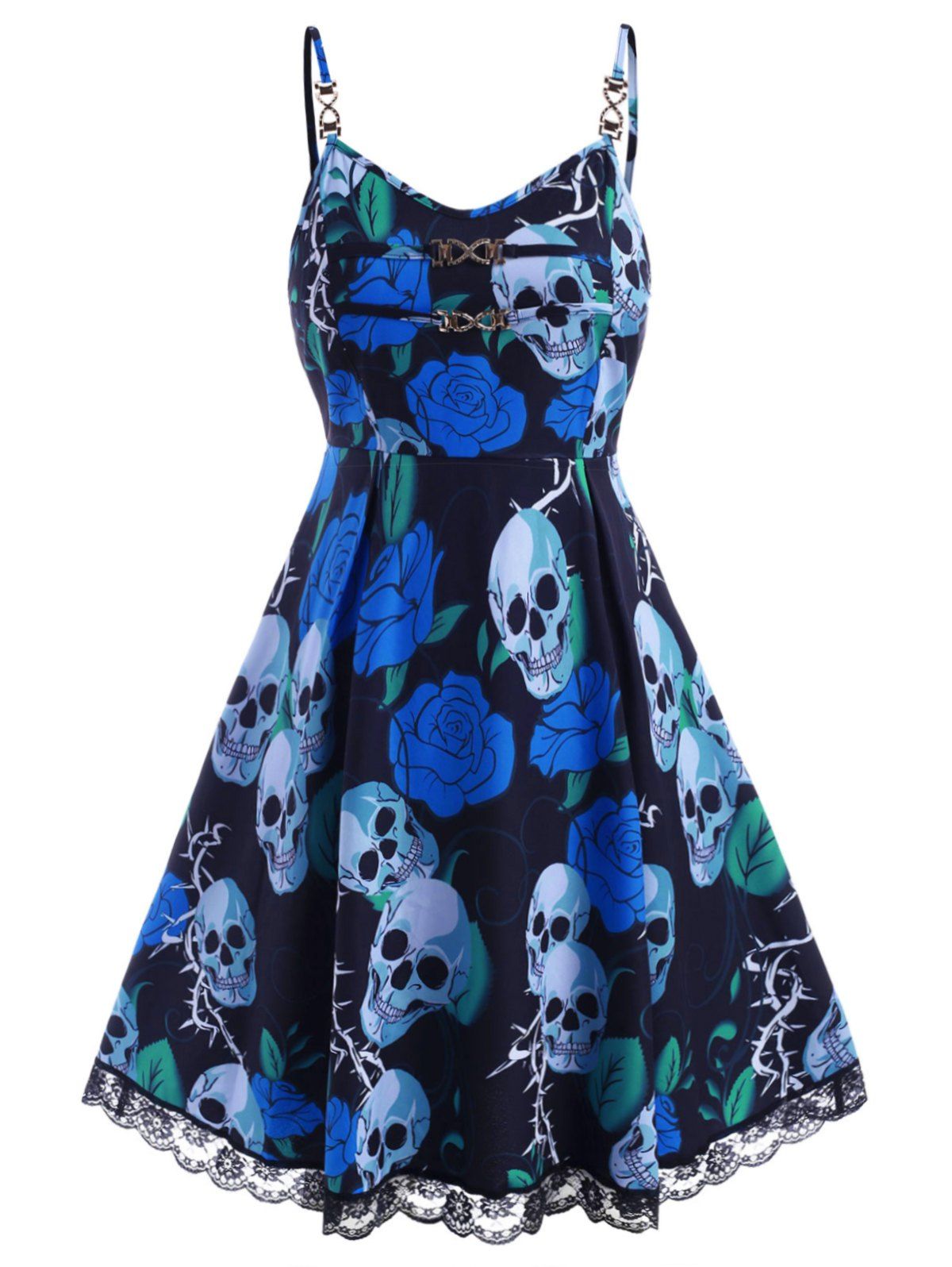 

Chains Lace Trim Rose Skull Halloween Plus Size Dress, Blue