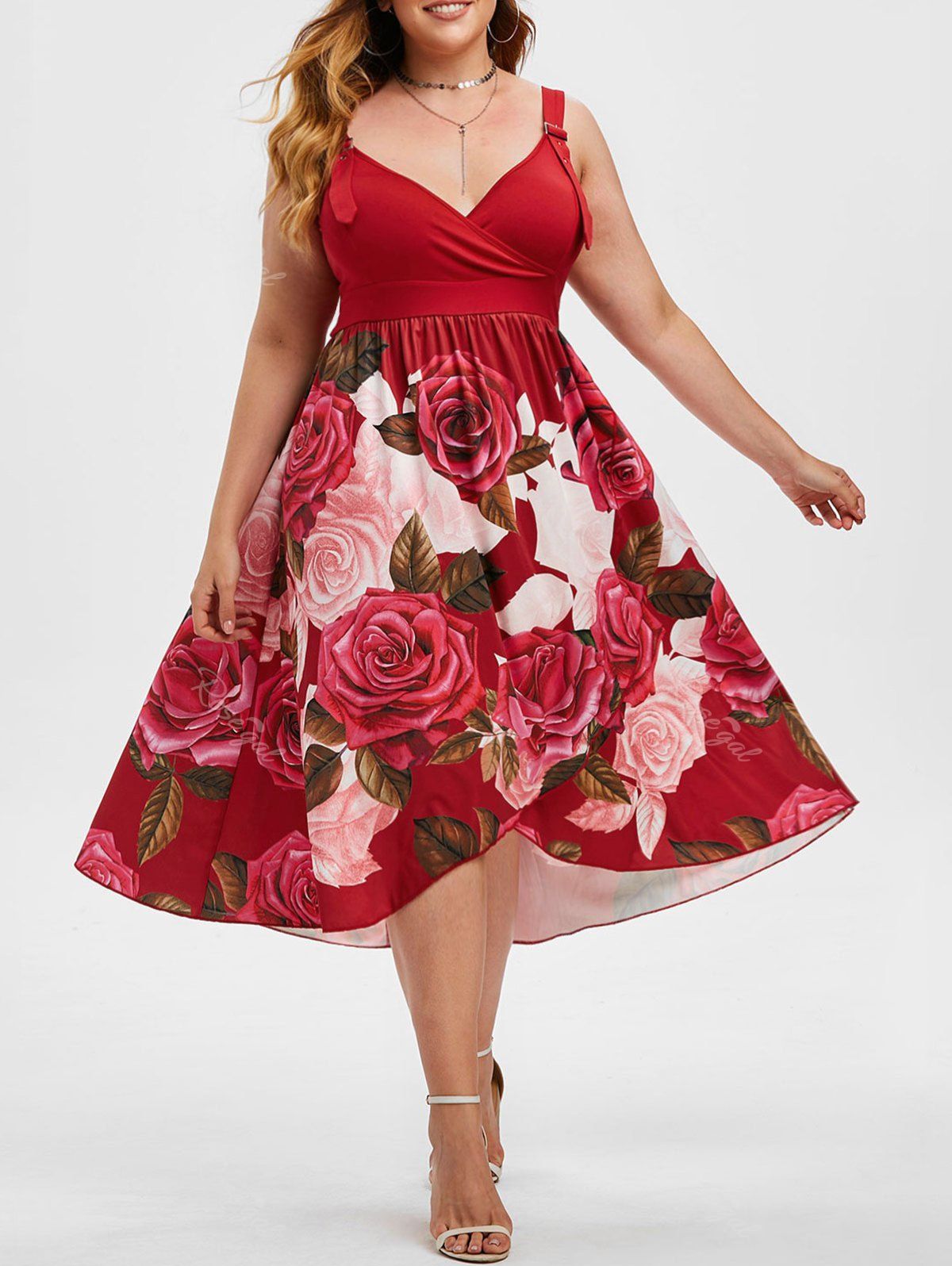 

Overlap Rose Buckle Straps Surplice Plus Size Dress, Red