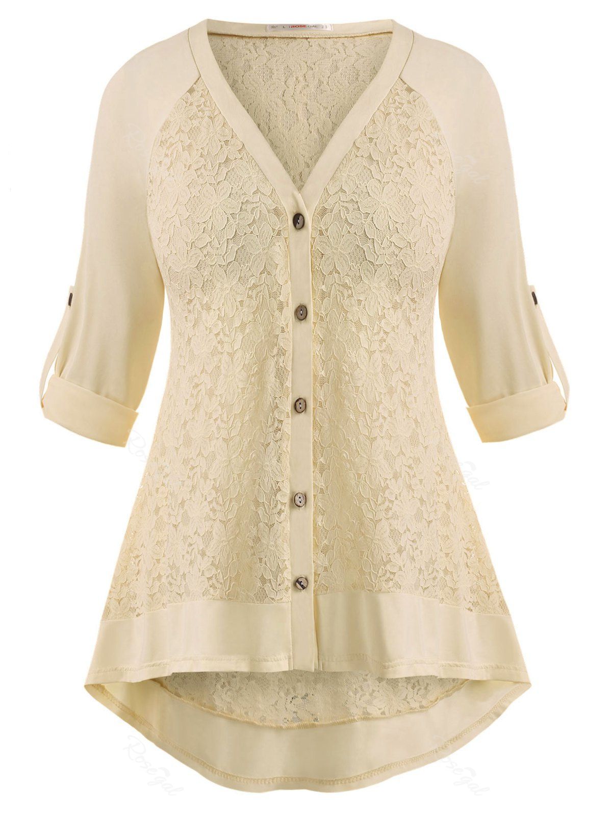 

Raglan Sleeve Lace Panel Button Up Plus Size Top, Light yellow