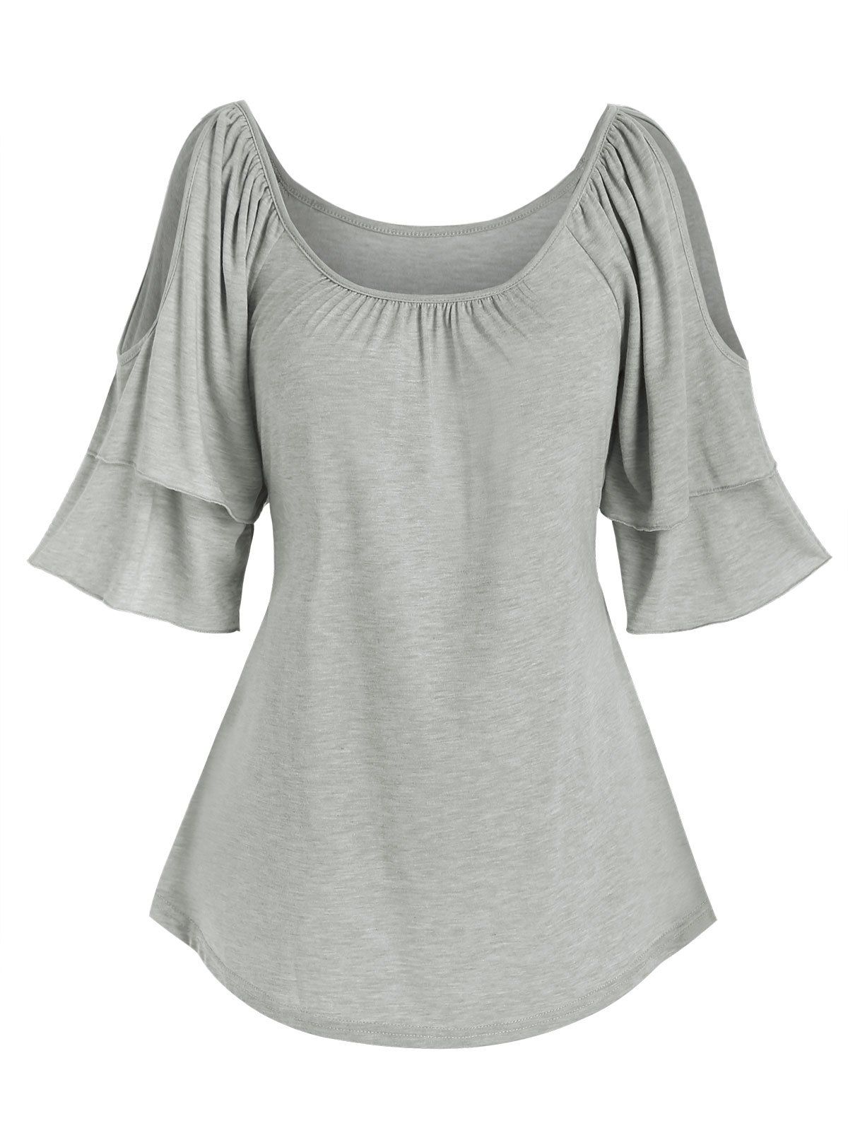 

Cold Shoulder Ruched Layered Sleeve Top, Gray goose