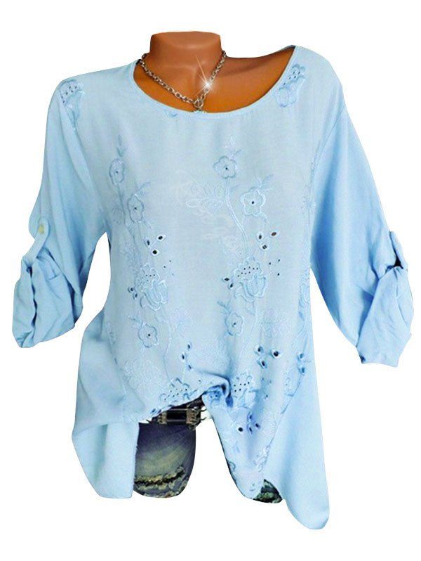 

Plus Size Flower Embroidered Roll Tab Sleeve Tunic Blouse, Light blue