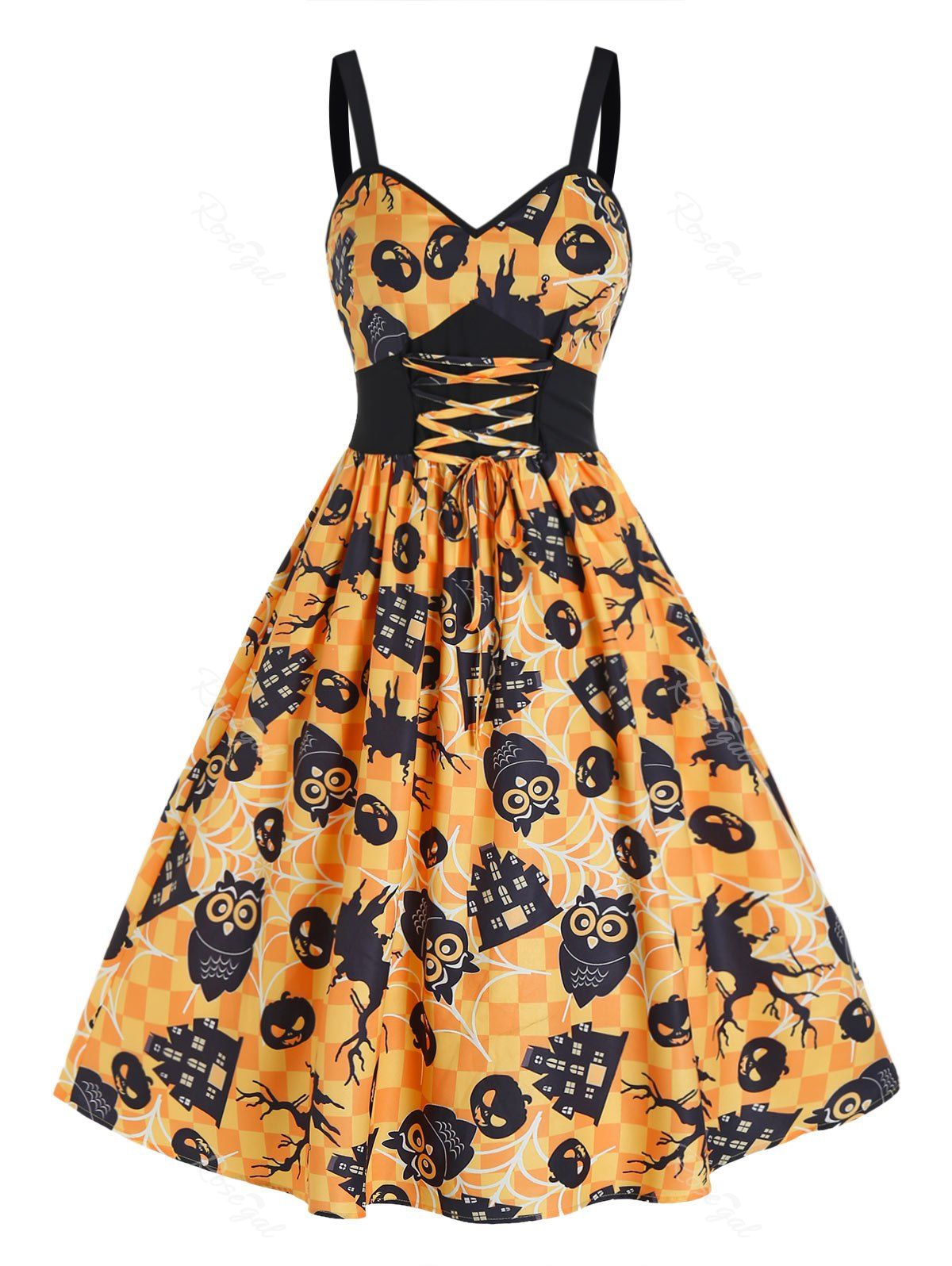 Trendy Halloween Pumpkin Checked Lace Up Cami A Line Dress  